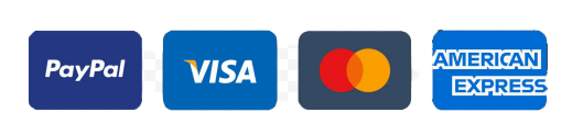 Icons for accepted payment methods: PayPal, Visa, Mastercard, and American Express.