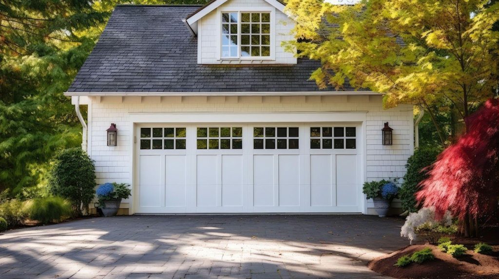 A bright garage with a white door and windows in a residential setting