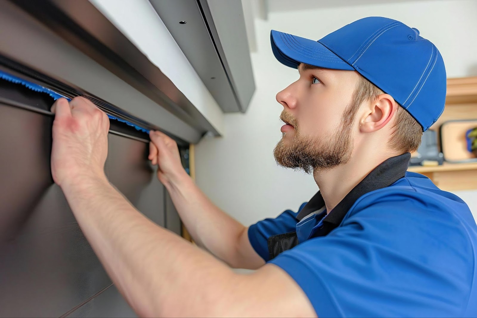 A man in a blue shirt and hat repairs a garage door, focusing on weather stripping and insulation improvements.