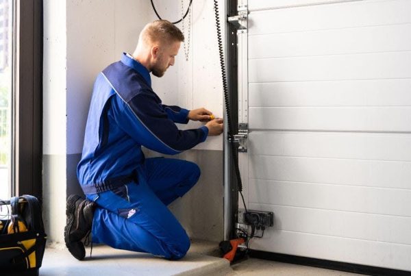 A close-up of a garage door repair in Maryland, focusing on the process and tools