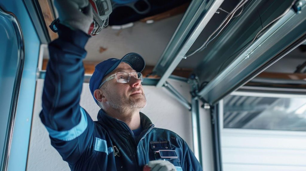 A man in a blue jacket and glasses repairs a garage door, showcasing his skills and focus