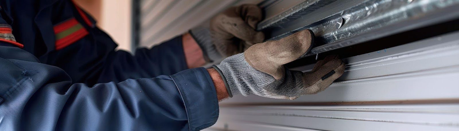 A man in a blue shirt and gloves repairs a door, showcasing his skills