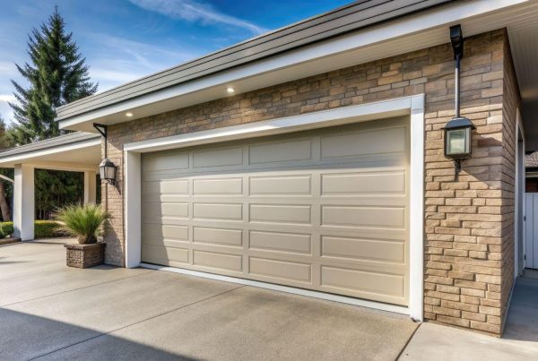 A white garage door framed by a sturdy brick wall, highlighting a blend of modern and traditional elements