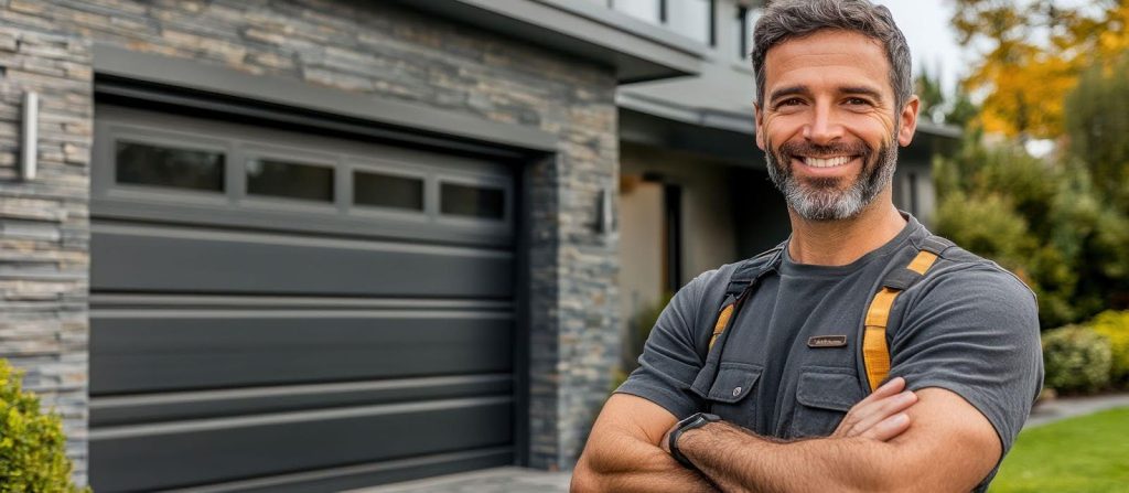 A man stands before a garage door, looking thoughtful and engaged